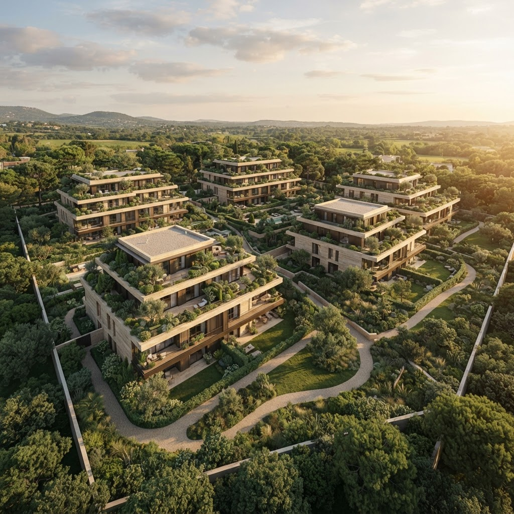 Luchtperspectief van de zes gebouwen van Mayfair Gardens omgeven door aangelegde tuinen