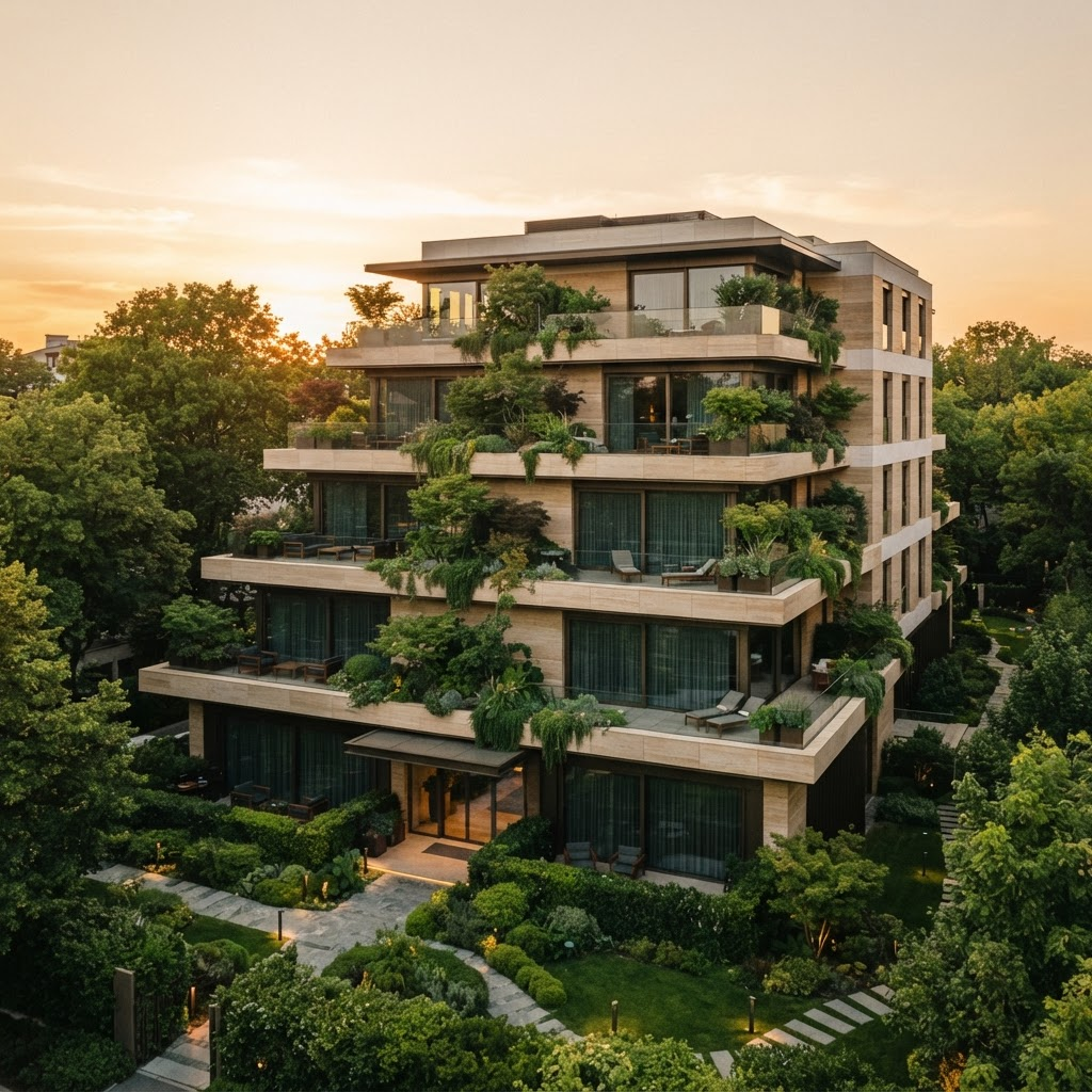 Residences van Mayfair Gardens in Pipera bij avondlicht, met beplante balkons omlijst door bomen