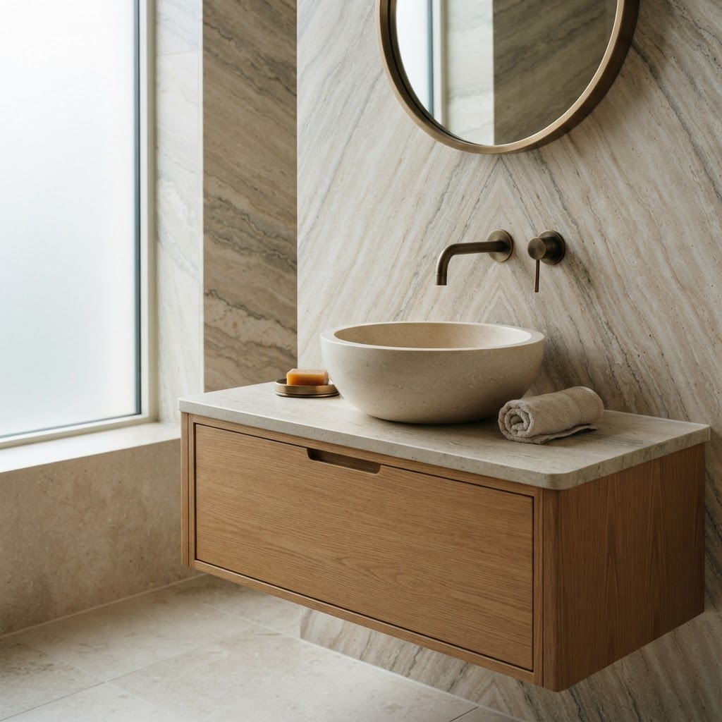 Travertijn- en marmeroppervlakken met messing Gessi-kranen, Porcelanosa en Marazzi.