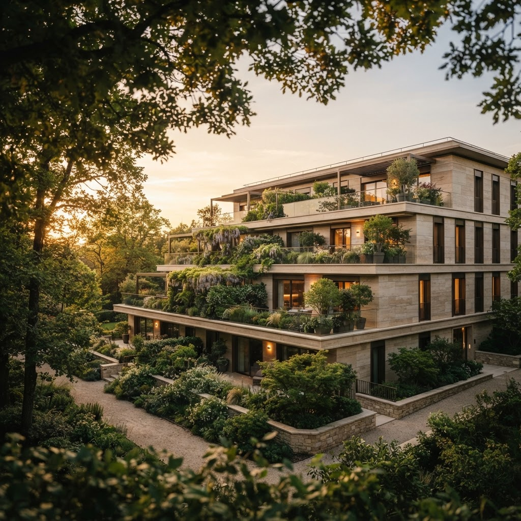 Residences van Mayfair Gardens in Pipera bij avondlicht, met beplante balkons omlijst door bomen