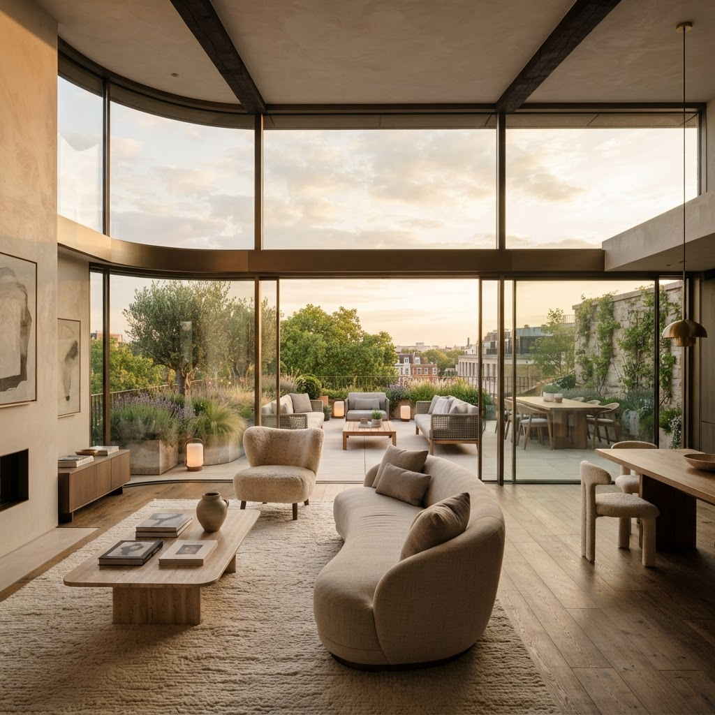 Woonkamer van een penthouse bij zonsondergang die uitkomt op een weids panoramaterras